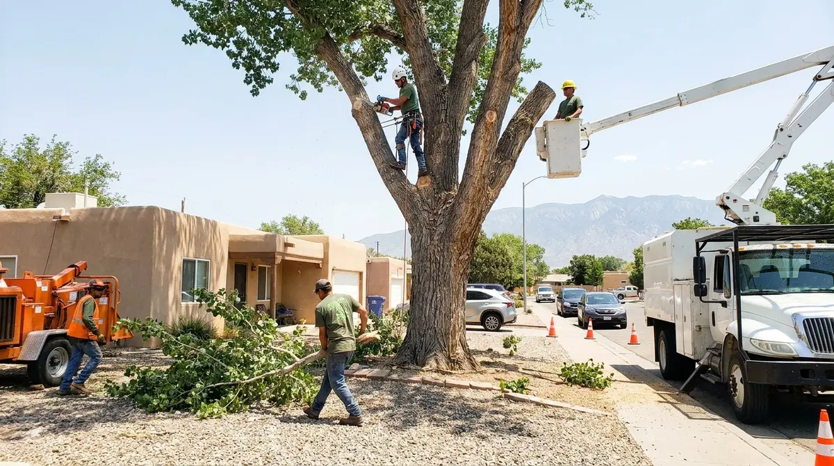 Climber and bucket truck working a big cottonwood